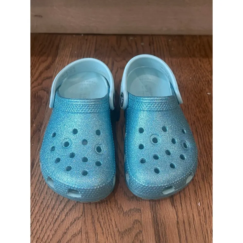 Crocs Classic Glitter Clog Ice Blue Sparkle Shoes Toddler Kids Size C8 Slip On